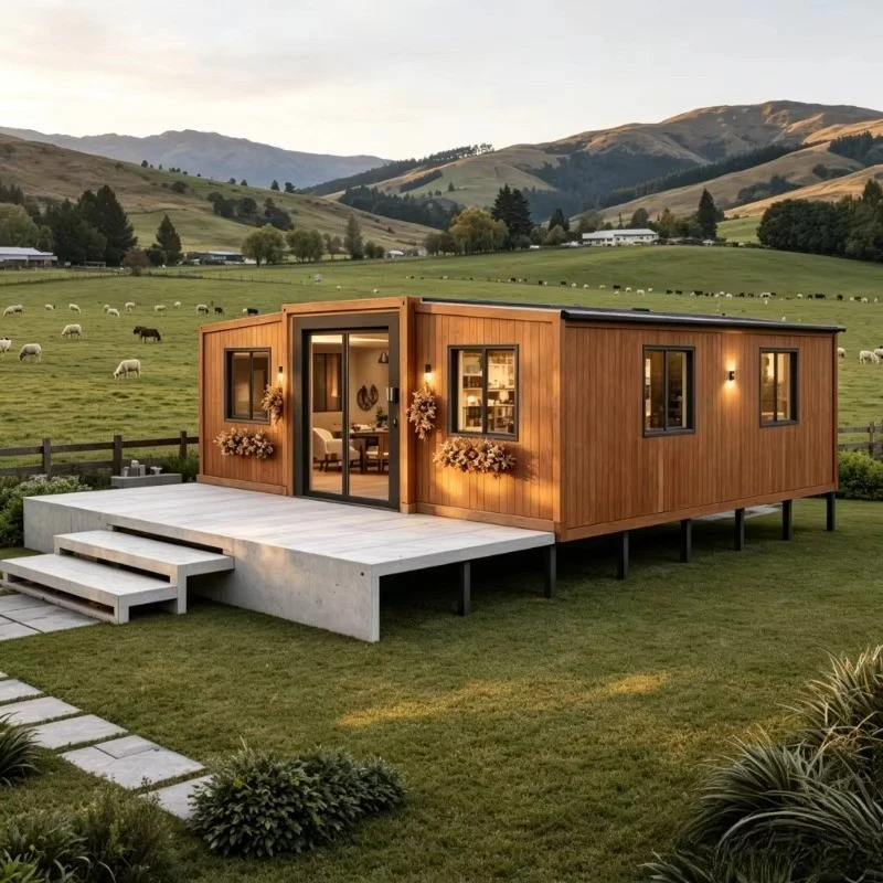 Timber-clad prefab home on a deck overlooking green hills