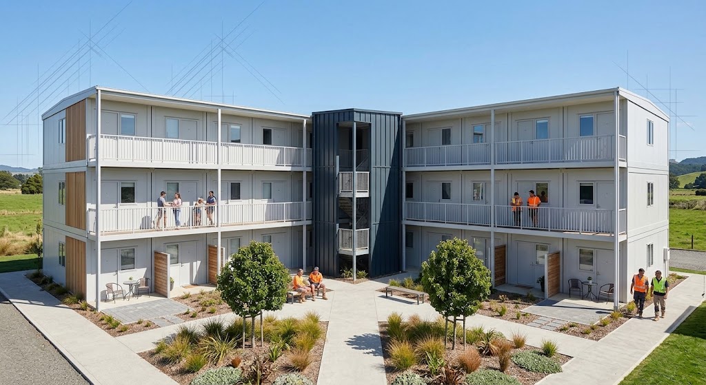 Three-storey modular dormitory with walkways and courtyard