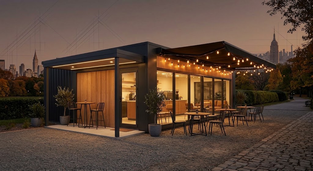 Modular café with glass front and string lights