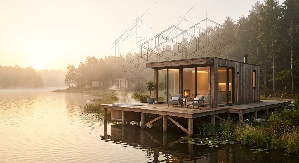 Prefab lake cabin on stilts with a hot tub